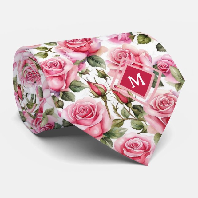 Monogram Pink Roses Floral Flowers  Tie (Rolled)