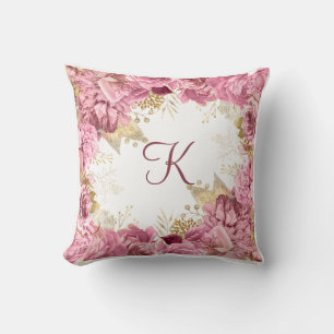 Monogram Pink Roses Gold Elegant Floral Cushion