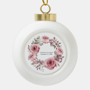 Monogram Pink Roses Greenery Watercolor Wedding Ceramic Ball Christmas Ornament