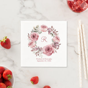 Monogram Pink Roses Greenery Watercolor Wedding Napkin