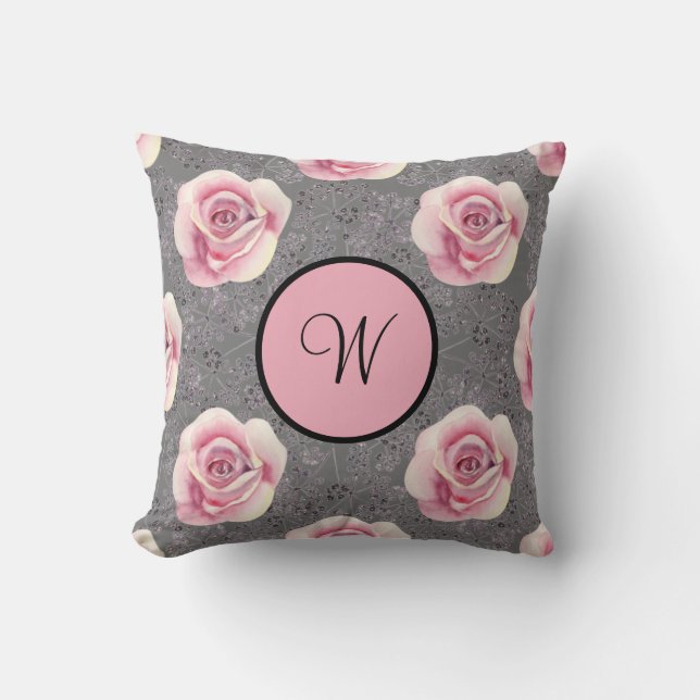 Monogram Pink Roses Grey Background Cushion (Front)
