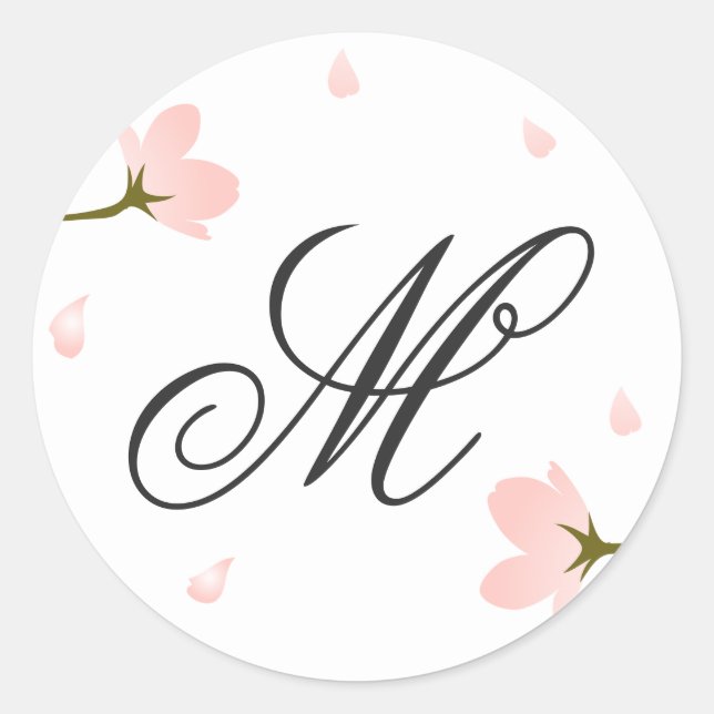 Monogram Pink Sakura Cherry Blossoms Custom Classic Round Sticker (Front)