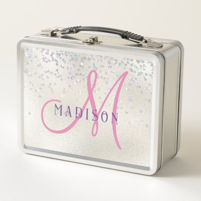 Monogram Pink Script Girl's Silver Pearl Glitter Metal Lunch Box (Front)