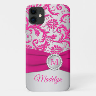 Monogram Pink, Silver Damask iPhone 11 case