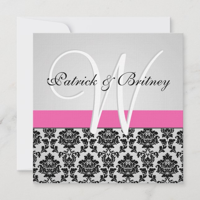 Monogram Pink & Silver Damask Wedding Invitations (Front)