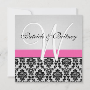 Monogram Pink & Silver Damask Wedding Invitations