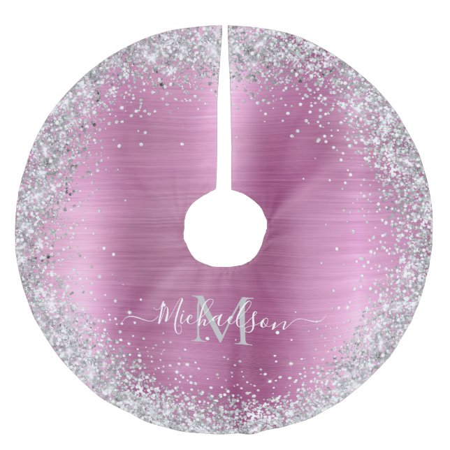Monogram Pink Silver Glitter Girly Glam Brushed Polyester Tree Skirt (Front)