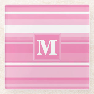 Monogram pink stripes glass coaster