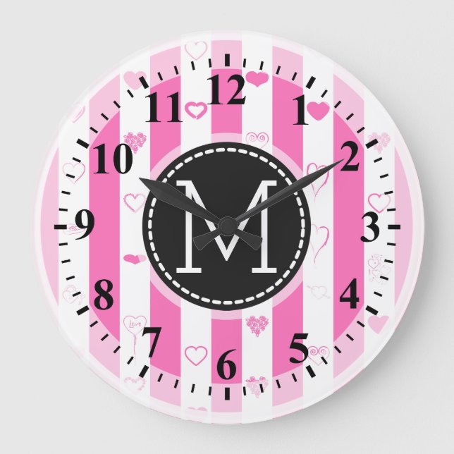 Monogram Pink Stripes Modern Heart Pattern Large Clock (Front)