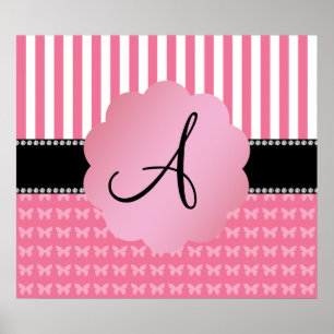 Monogram pink stripes pink butterflies poster