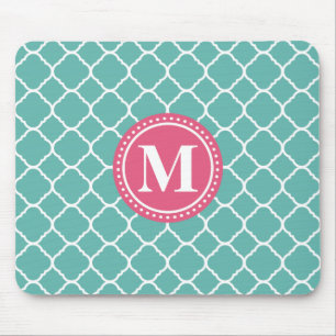 Monogram Pink Teal Blue Quatrefoil Pattern Mouse Mat