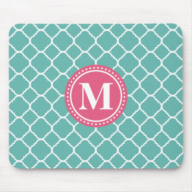 Monogram Pink Teal Blue Quatrefoil Pattern Mouse Mat (Front)