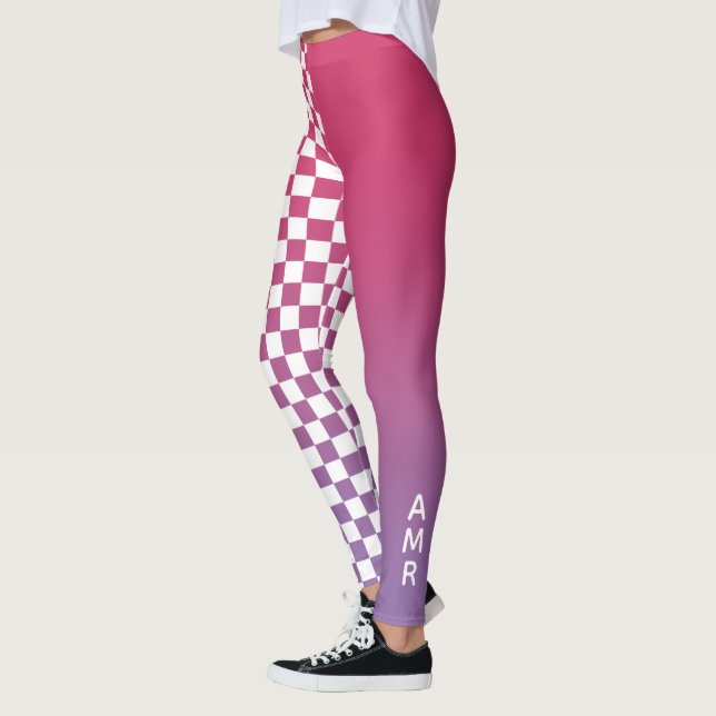 Monogram Pink to Purple Gradient Chequered Pattern Leggings (Left)
