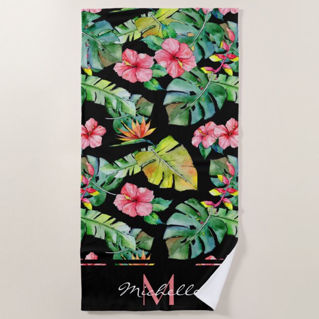 Monogram Pink Tropical Floral Hibiscus Black Beach Towel (Front)