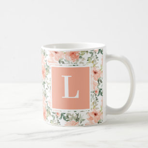 Monogram Pink Vintage Floral Rose Coffee Mug