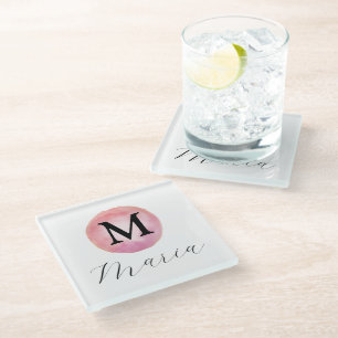 Monogram Pink Watercolor Elegant Glass Coaster