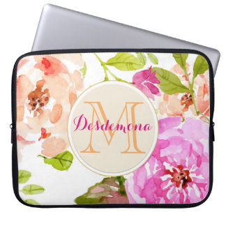 Monogram Pink Watercolor Floral Laptop Sleeve