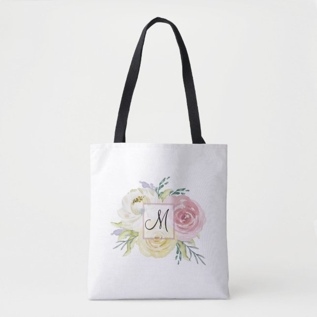 Monogram Pink Watercolor Flowers Tote Bag (Front)