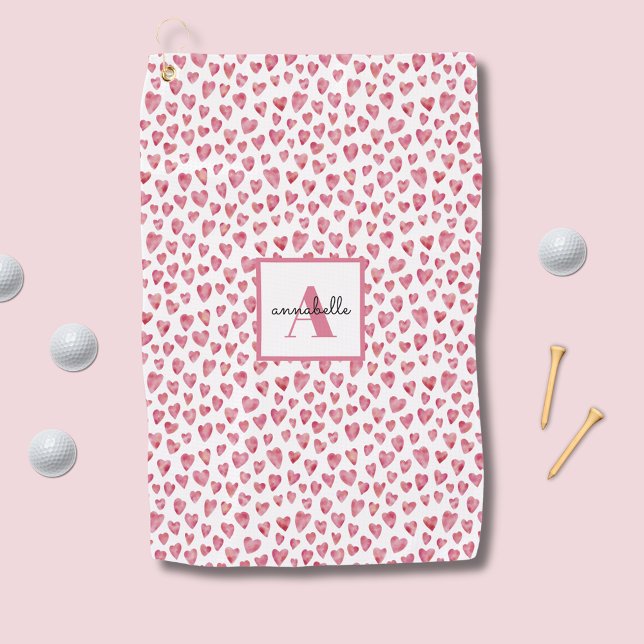 Monogram Pink Watercolor Heart Pattern Golf Towel (Pink watercolor love heart personalized golf towel)