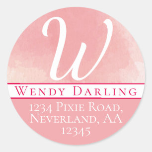 Monogram Pink Watercolor Name Address Classic Round Sticker