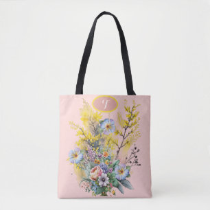 Monogram Pink Watercolor Spring Flowers Bouquet Tote Bag