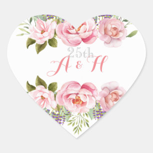 Monogram Pink Wedding Anniversary Flower Wreath Heart Sticker