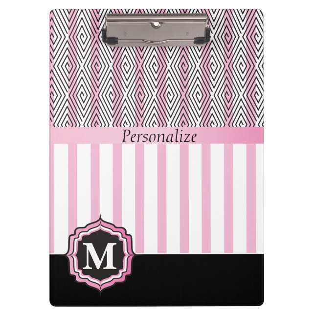 Monogram Pink, White and Black Clipboard (Front)