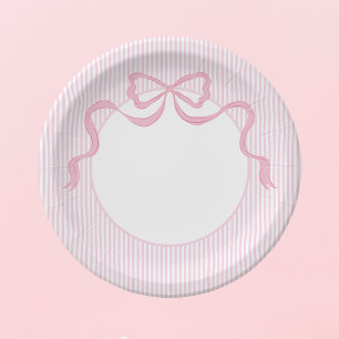 Monogram Pink & White Bow, Baby Shower Paper Plate