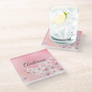 Monogram Pink White Cherry Blossom Floral Flowers  Glass Coaster