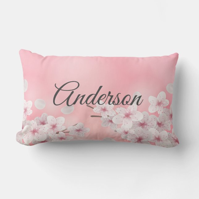 Monogram Pink White Cherry Blossom Floral Flowers Lumbar Cushion (Front)