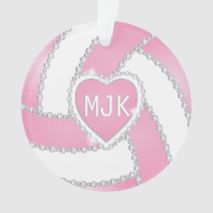 Monogram Pink & White Diamond Volleyball Ornament