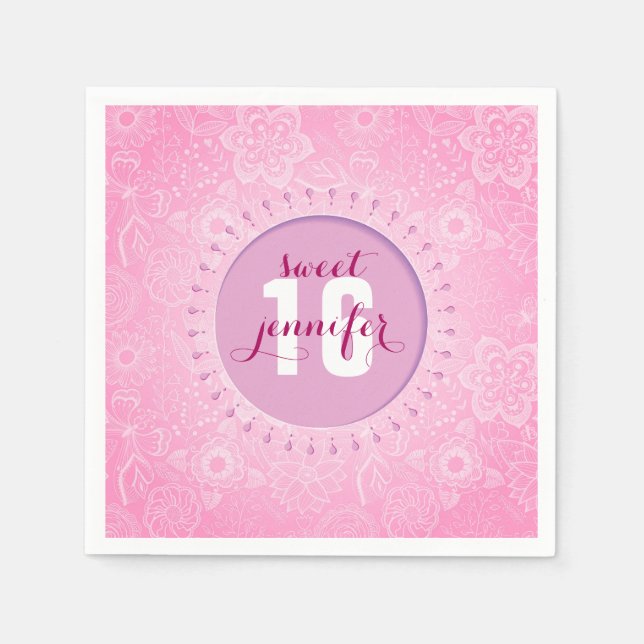 Monogram Pink & White Flowers And Butterflies Lace Napkin (Front)