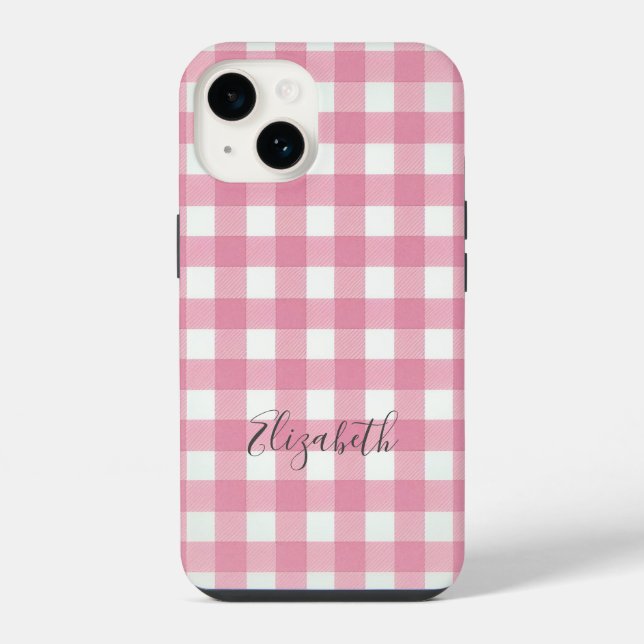 Monogram Pink White Gingham Buffalo Plaid Check iPhone Case (Back)