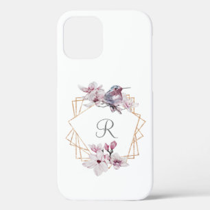 Monogram Pink White Magnolias Bird Gold Frame iPhone 12 Case