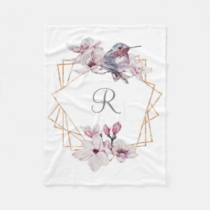 Monogram Pink White Magnolias Bird Gold Frame Fleece Blanket