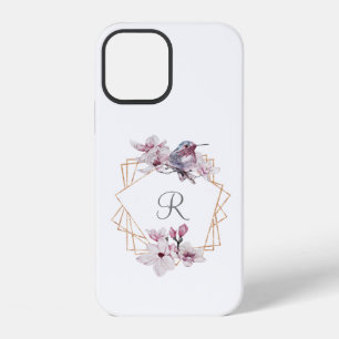 Monogram Pink White Magnolias Bird Gold Frame iPhone 12 Case