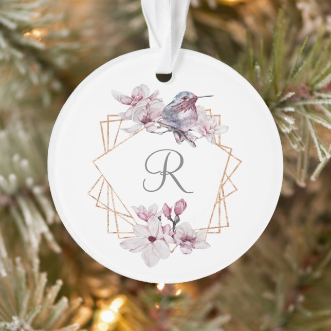 Monogram Pink White Magnolias Bird Gold Frame  Ornament (Tree)