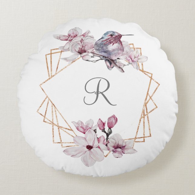 Monogram Pink White Magnolias Bird Gold Frame Round Cushion (Front)