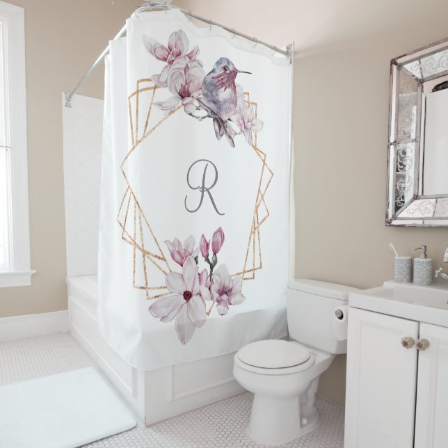Monogram Pink White Magnolias Bird Gold Frame  Shower Curtain (In Situ)