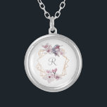 Monogram Pink White Magnolias Bird Gold Frame  Silver Plated Necklace<br><div class="desc">Personalise these elegant pink white and grey gold frame with magnolias necklace with your initial.  Elegant and pretty.</div>
