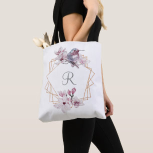 Monogram Pink White Magnolias Bird Gold Frame  Tote Bag