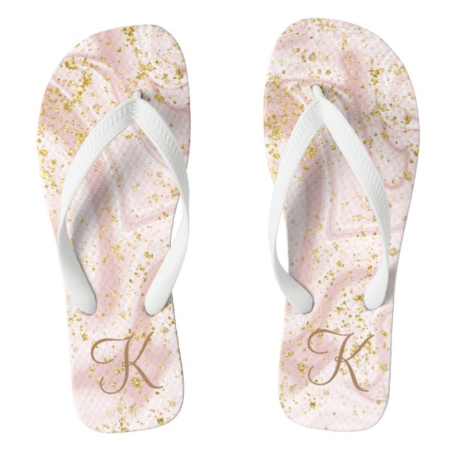  Monogram Pink White Marble Swirl Gold Glitter Fli Flip Flops (Footbed)