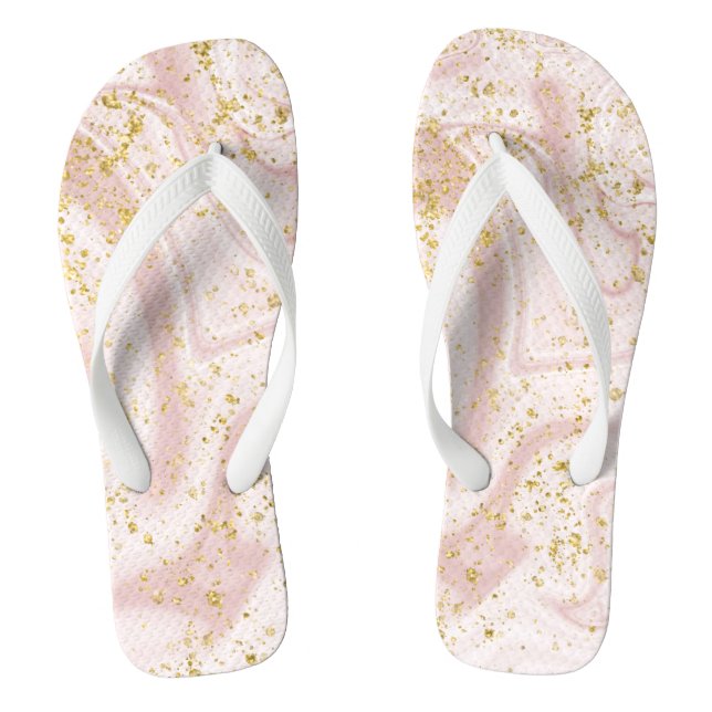  Monogram Pink White Marble Swirl Gold Glitter Flip Flops (Footbed)