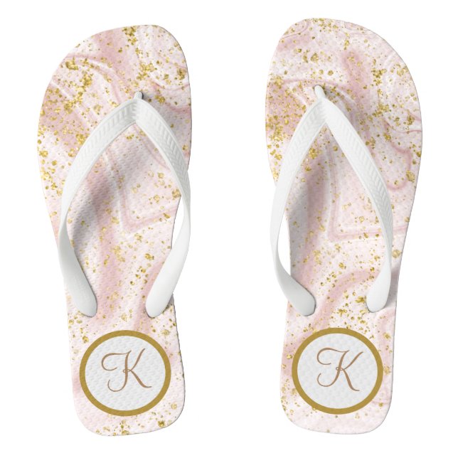  Monogram Pink White Marble Swirl Gold Glitter Flip Flops (Footbed)