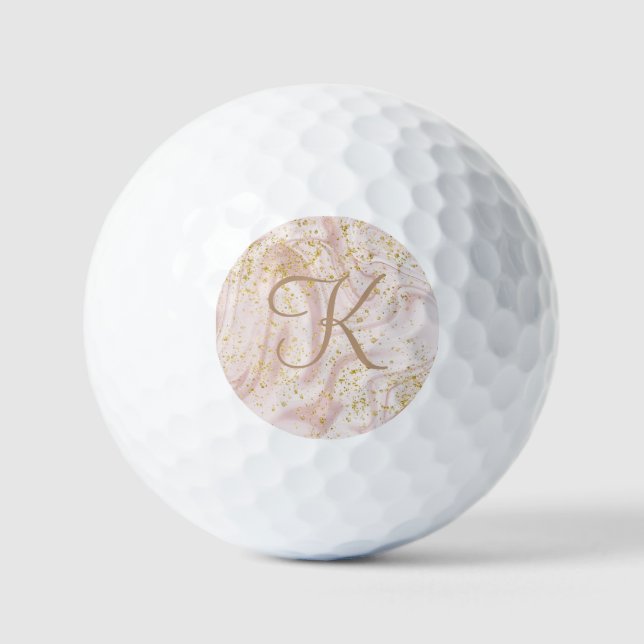 Monogram Pink White Marble Swirl Gold Glitter Gift Golf Balls (Front)