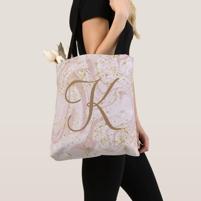  Monogram Pink White Marble Swirl Gold Glitter  Tote Bag (Close Up)