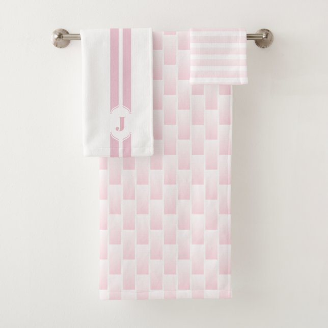 Monogram Pink White Ombre Chequered Stripe Bath Towel Set (Insitu)