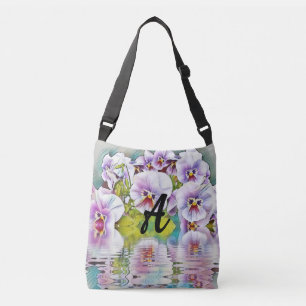 Monogram Pink White Pansies on Water Watercolor Crossbody Bag
