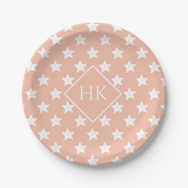 Monogram Pink White Star Pattern Paper Plate (Front)