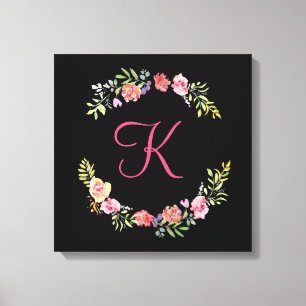 Monogram Pink, Yellow and Green Floral Watercolor Canvas Print